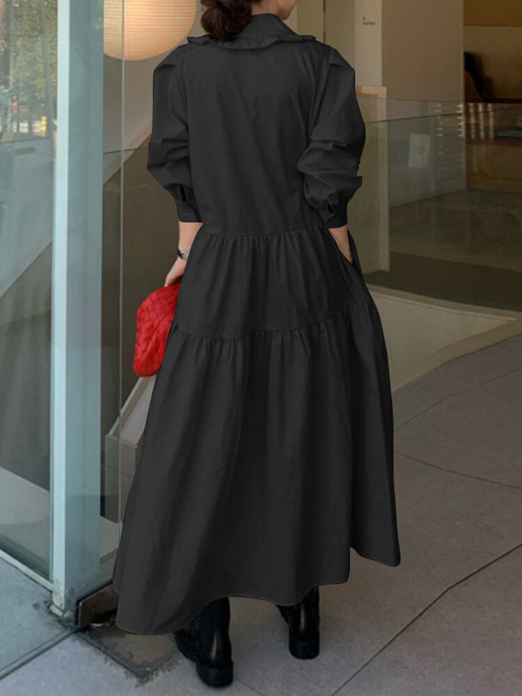 Women Solid Tiered Doll Collar Long Sleeve Casual Maxi Dresses