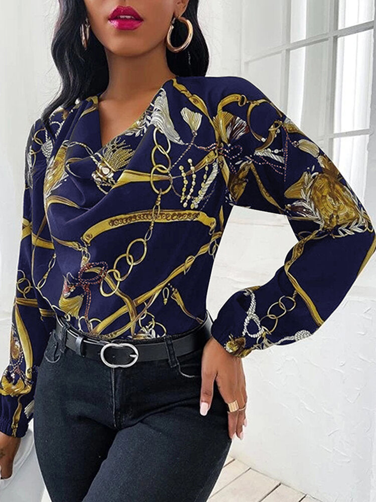 Chain Print Cowl Neck Puff Long Sleeve Women Blouse