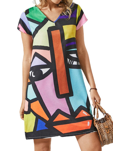 Abstract Pattern V-neck Short Sleeve Print Dress For Women