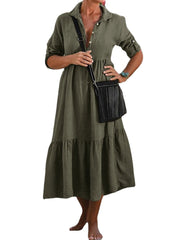 Women Long Adjustable Sleeve Button Pleated Solid Shirt Casual Maxi Dress