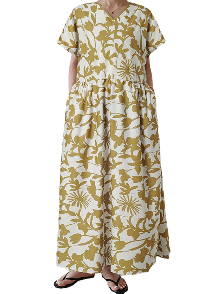 Women Floral Print Bohemian Leisure Maxi Dress With Side Pockets