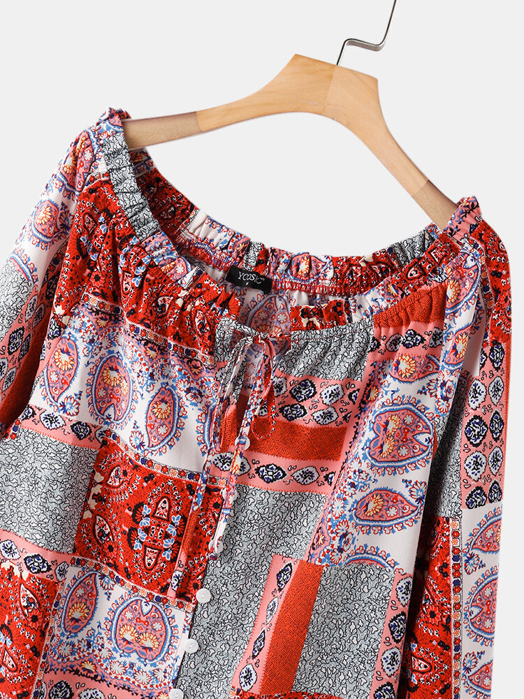 Women Ethnic Pattern Print Off Shoulder Drawstring Button Long Sleeve Blouse