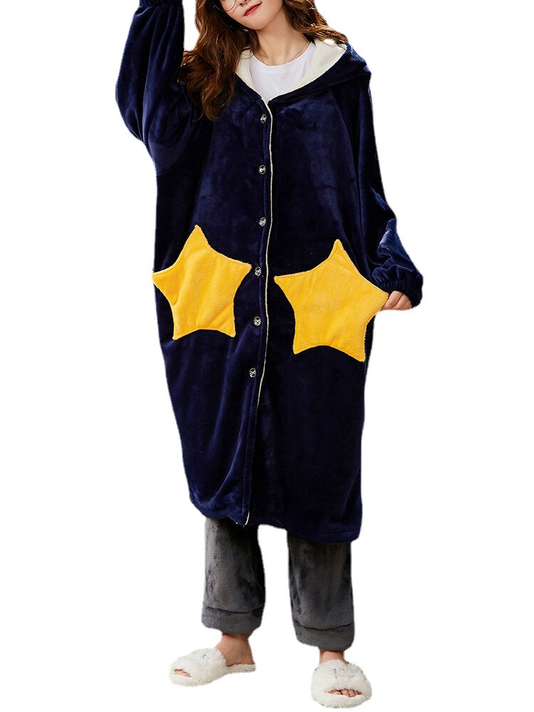 Women Coral Fleece Double Star Pockets Thick Warm Loose Button Up Sleepwear Hooded Robes