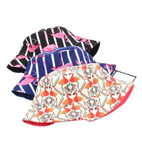 Women Print Flamingo Canvas Double-Sided Wear Outdoor Sunshade Fisherman Hat