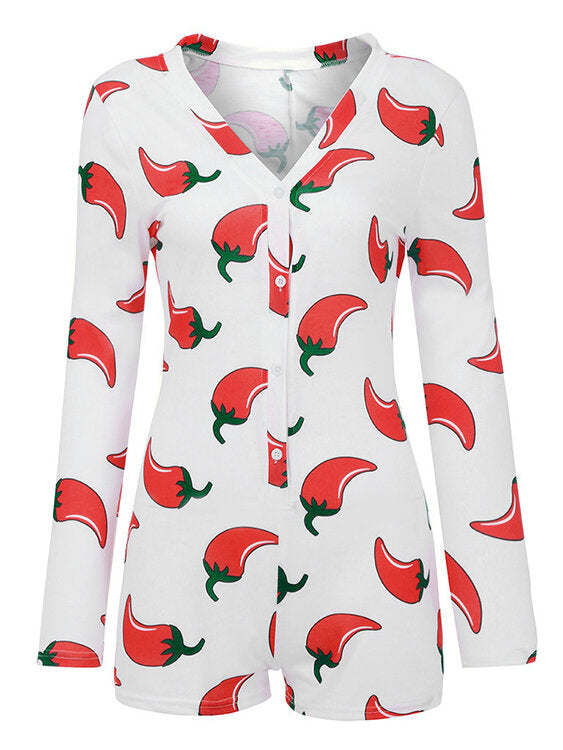 Fruit Vegetable Print Front Button V Neck Long Sleeves Casual Playsuits