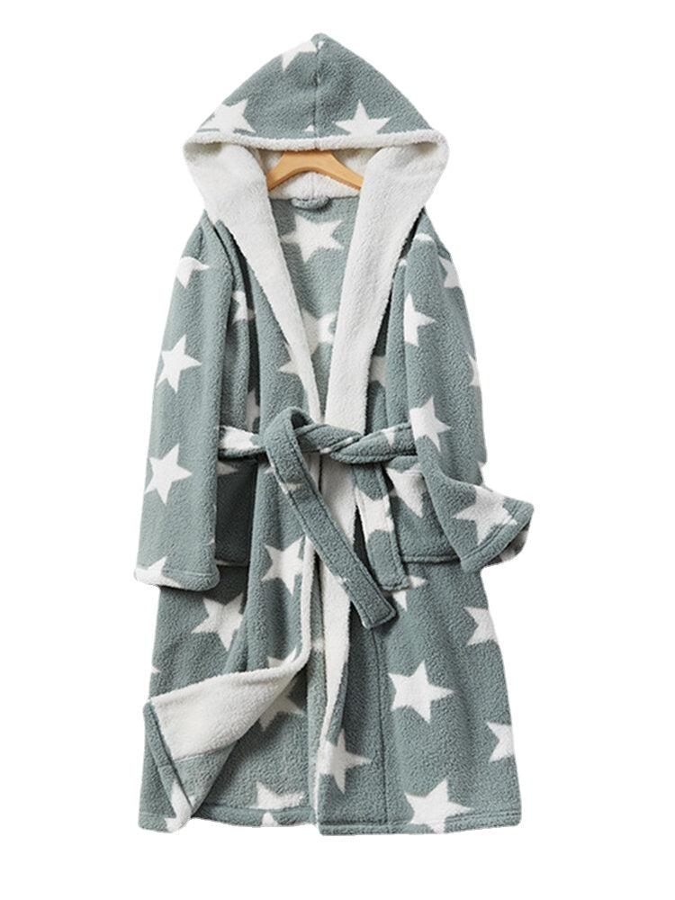 Women Star Print Fleece Thick Lace-Up Double Pockets Casual Home Warm Hooded Robes