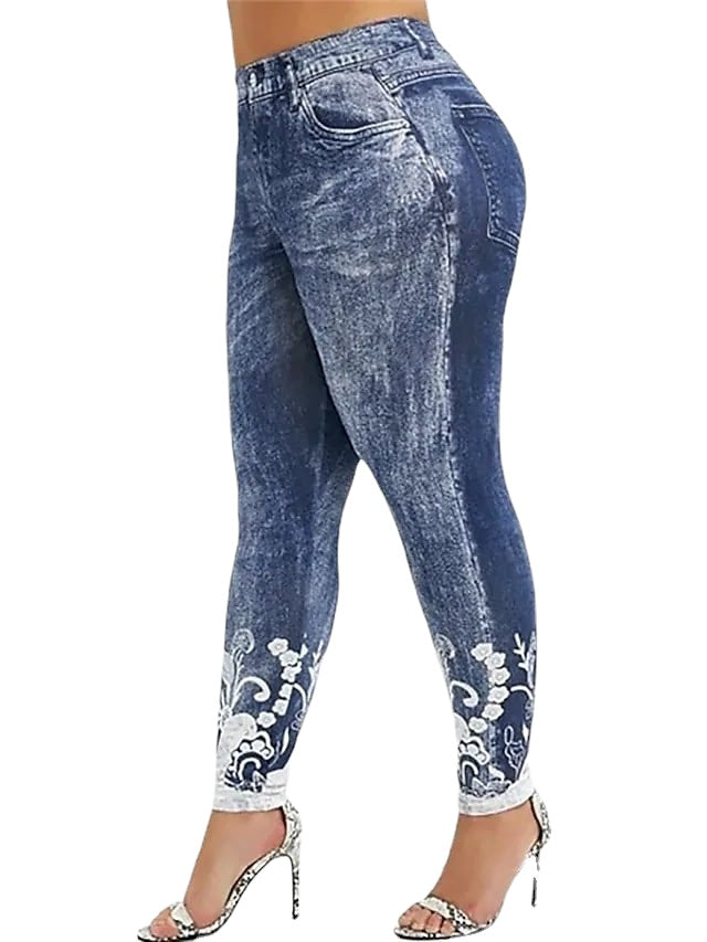 Fashion Casual Faux Denim Mid Waist Print Flower Women Stretchy Pants