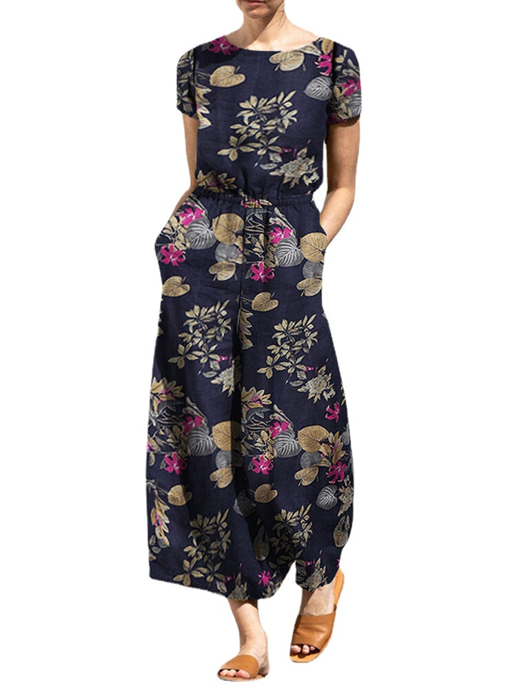 Plant Print Pocket Sash Round Neck Short Sleeve Cotton Jumpsuit