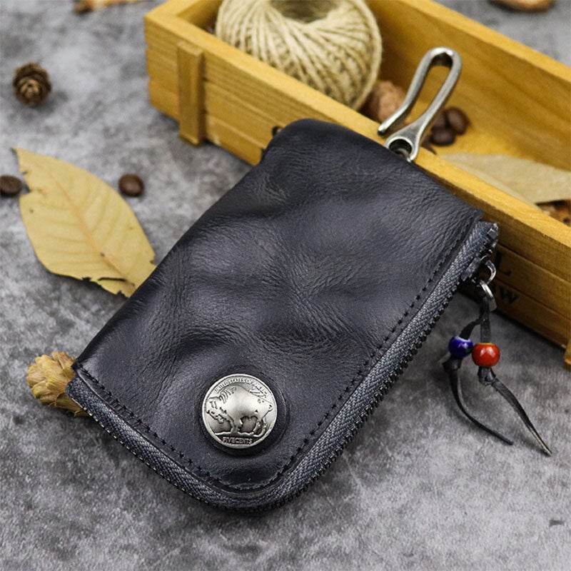 Men Vegetable Tanned Leather Metal Label Keychain Wallet Washed Retro Zipper Card Holder With Hook
