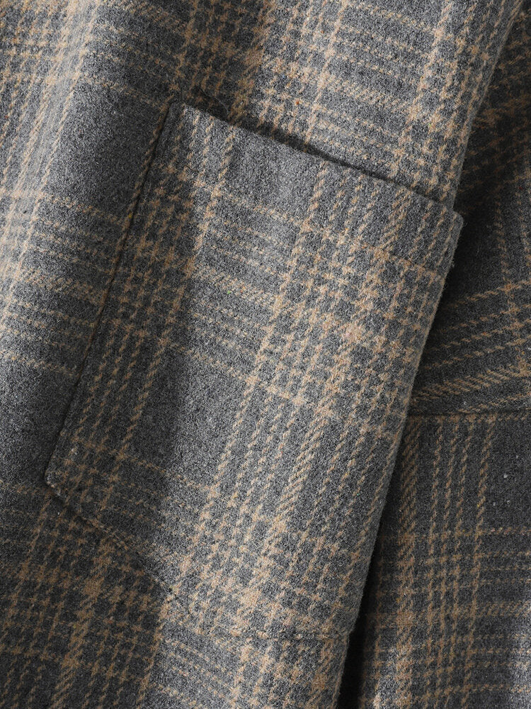 Mens Cotton Plaid Lapel Drop Shoulder Relaxed Fit Overshirt With Pocket