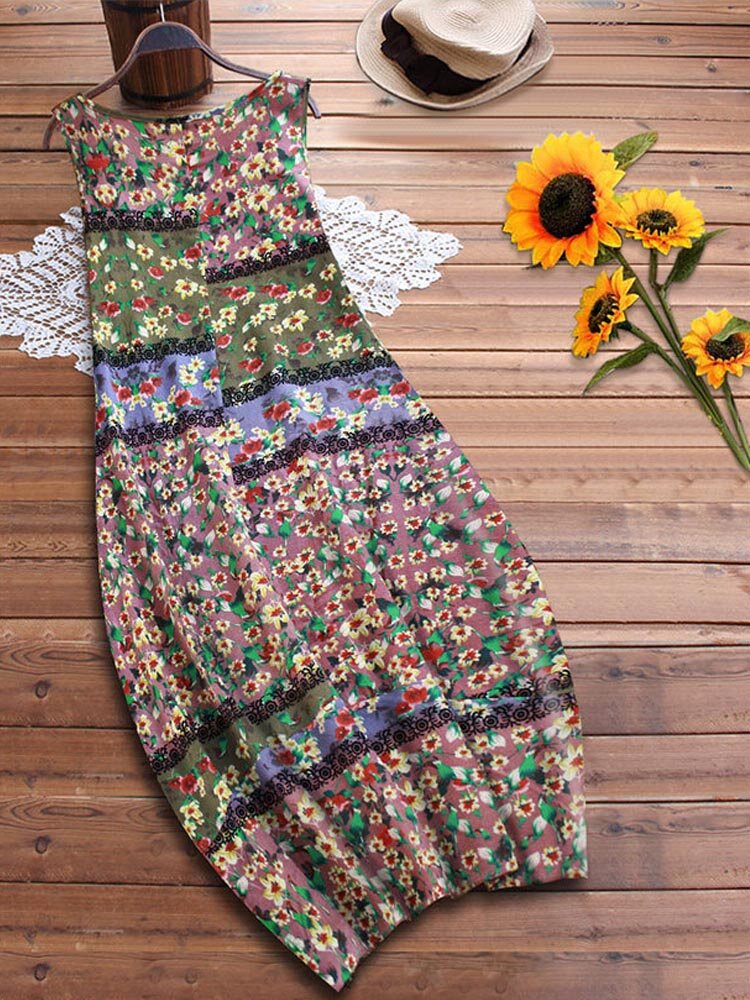 Women Sleeveless O-neck Floral Print Baggy Summer Maxi Dress