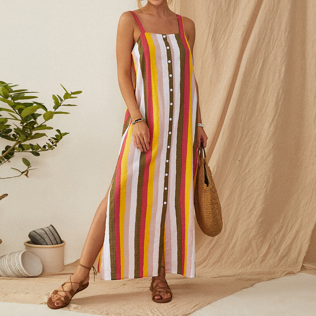 Striped Button Down Split Straps Women Casual Maxi Dress