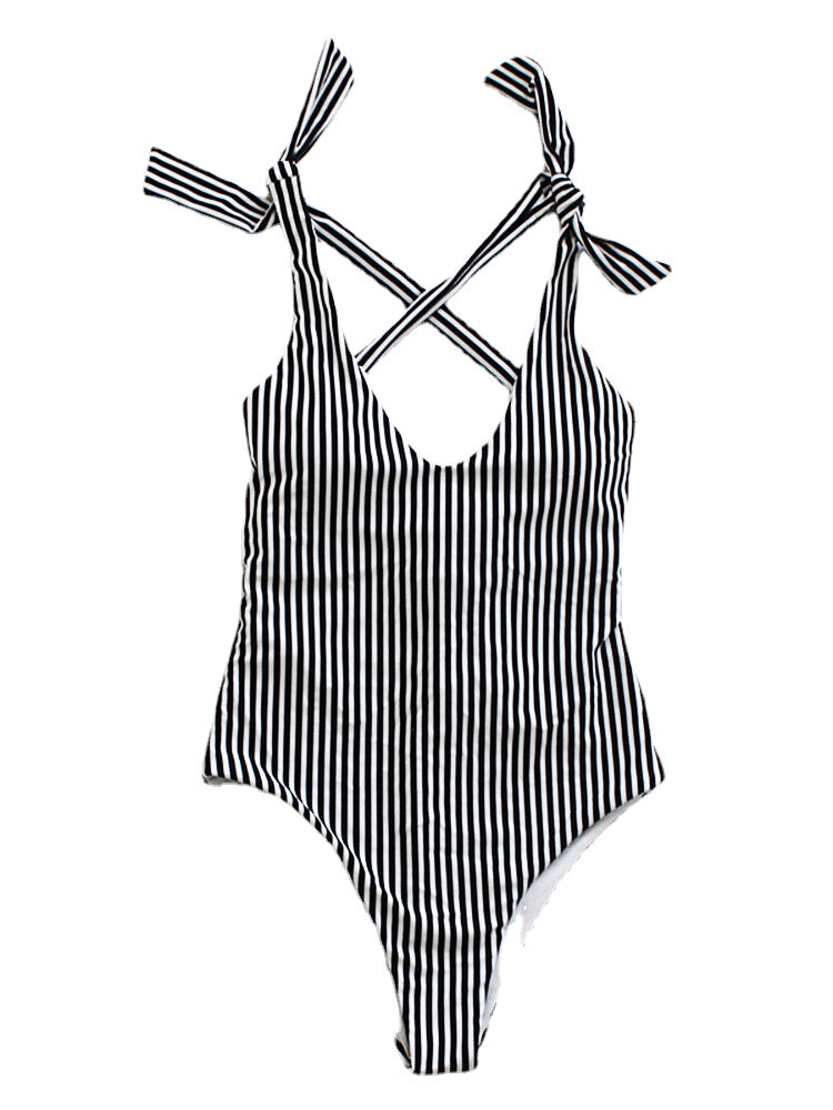 Women Pinstripe Criss Cross Back Cute Bow Shoulder One Piece Slimming Swimsuit