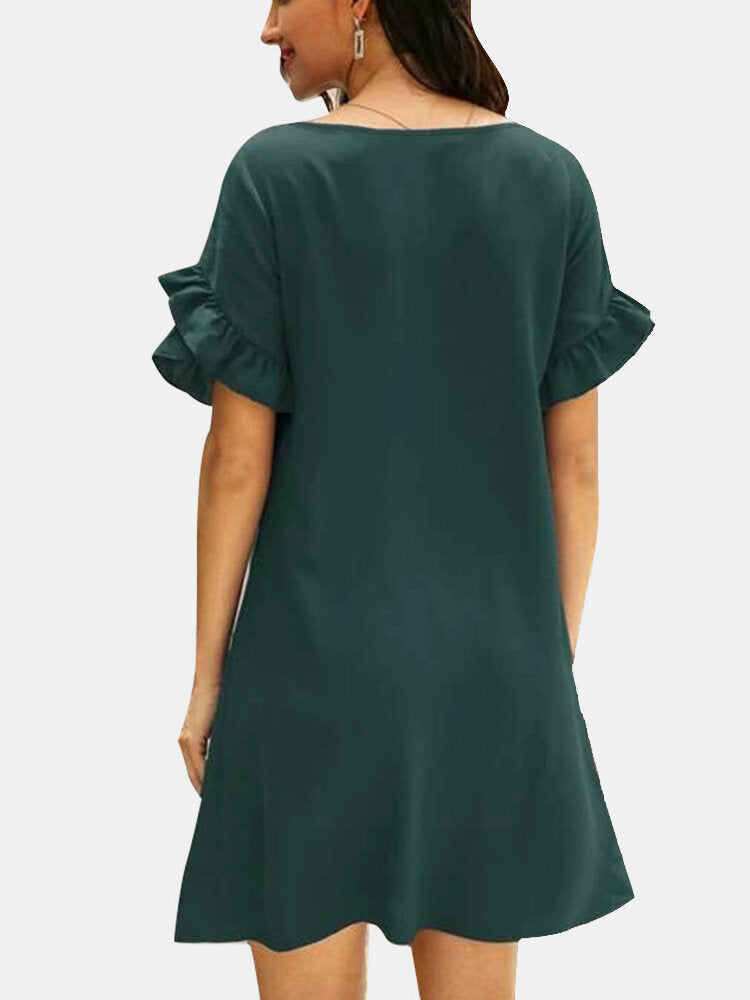 Solid Causal V-neck Short Ruffled Sleeve Dress For Women