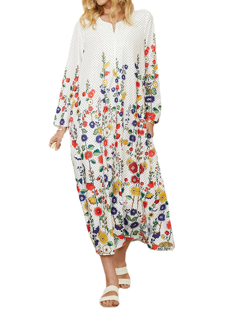 Women Flower Polka Dot Print Long Sleeve Casual Maxi Dress