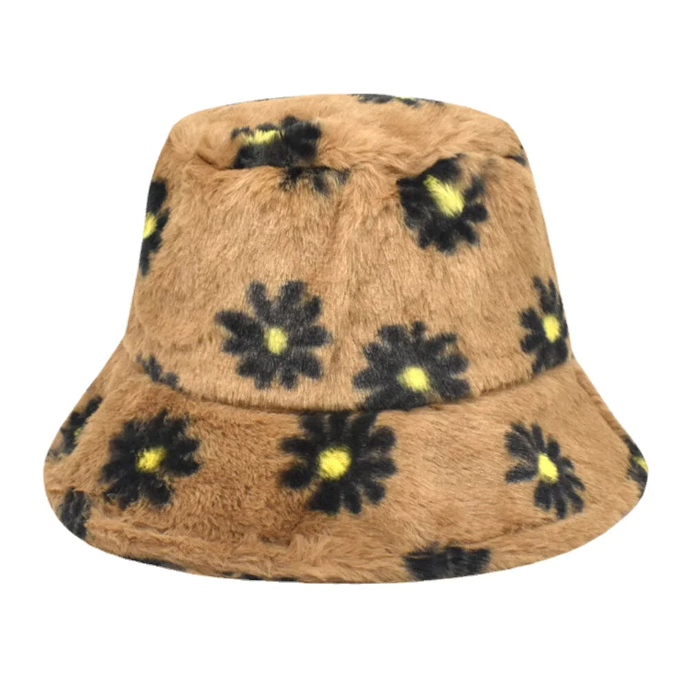 Women Lamb Hair Soft Warm Plus Thicken Casual All-match Cute Daisy Flower Pattern Bucket Hat