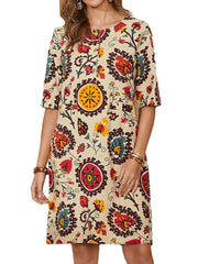 Ethnic Style Print Round Neck Bohemia Casual Midi Dress For Women