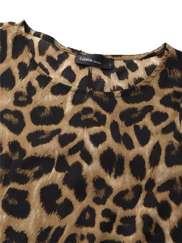 Women Leopard Print Casual Loose Dress with Pockets