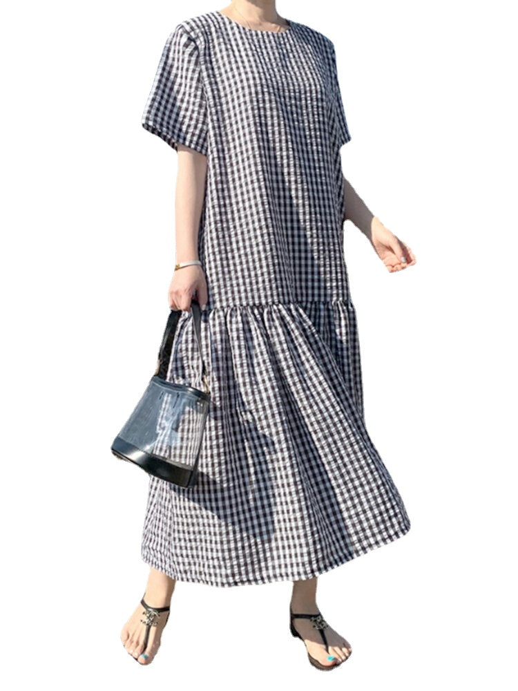 Casual Plaid O-neck Half Sleeve Bohemia Holiday Plain Maxi Dress