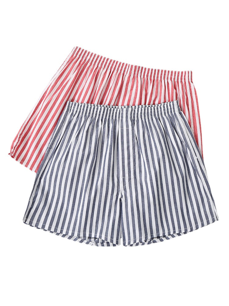 Mens 100% Cotton Basic Striped Breathable Loose Fit Home Lounge Shorts Boxers With Pocket