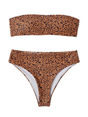 Women Animal Print Bandeau Backless Bikini Thong Swimsuit