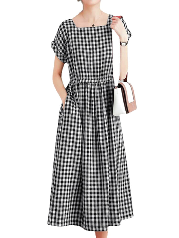 Women Squre Neck Plaid Calf Length Side Pockets Casual Midi Dresses