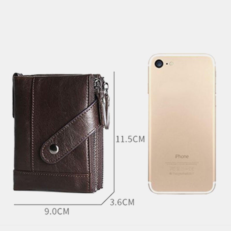 Men Genuine Leather RFID Blocking Vintage Double Zipper Cards Holder Wallet