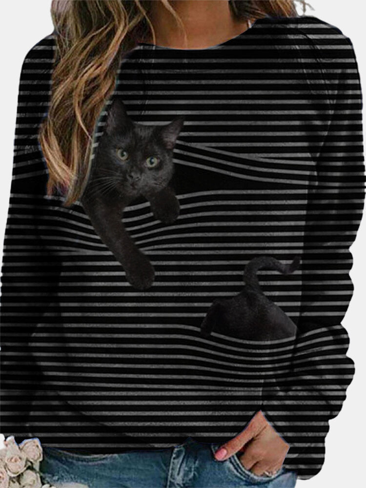 Women 3D Black Cat Print Long Sleeve Striped Casual Blouse