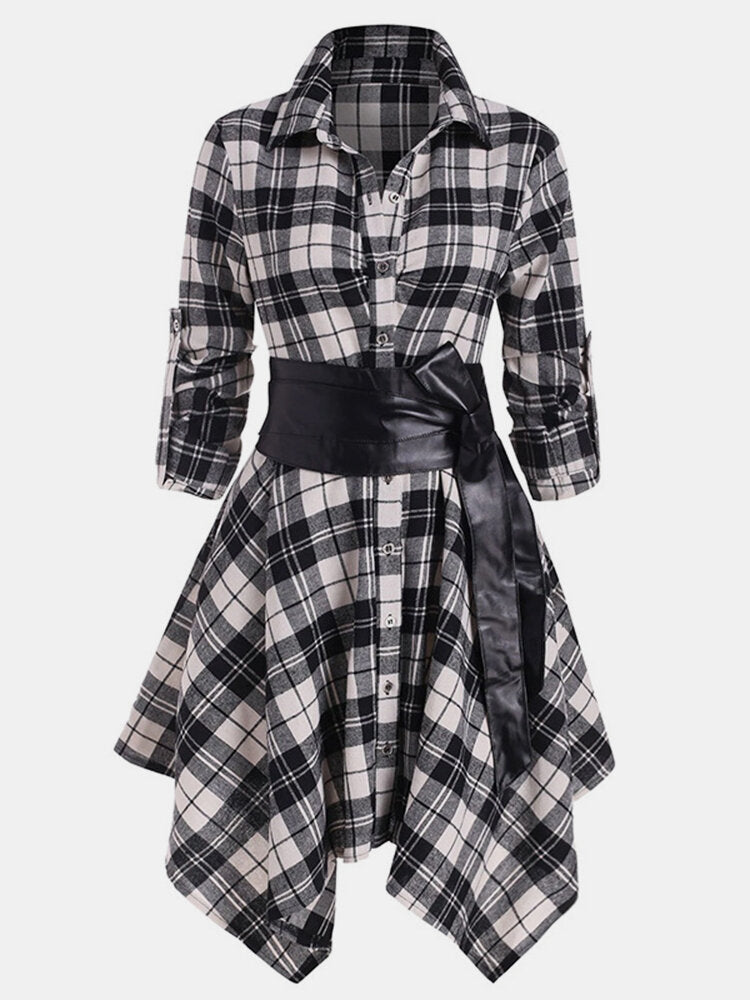 Women Classic Plaid Asymmetrical Shirt Dress With Belt