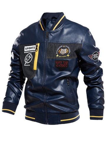 Mens Graphics Embroidery Baseball Collar PU Leather Jacket