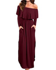 Women Off Shoulder Long Sleeve Side Split Beach Maxi Dress With Pockets