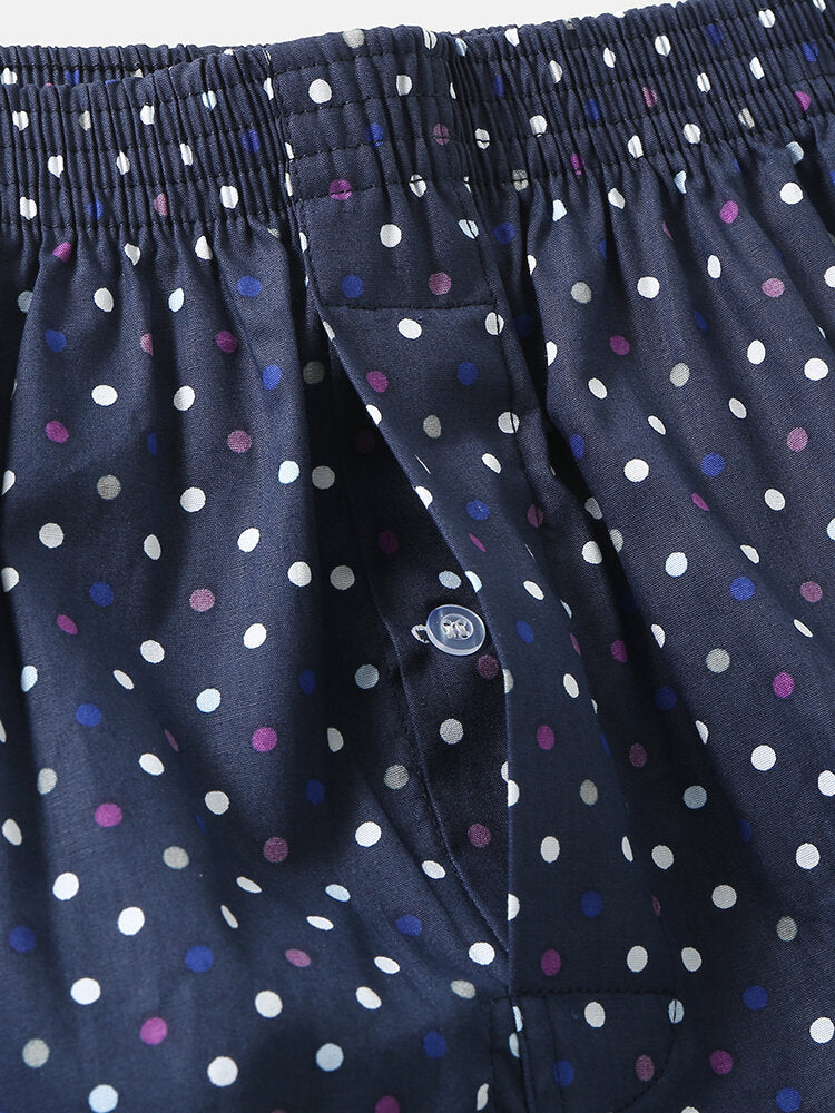 Mens 100% Cotton Polka Dot Print Thin Breathable Button Fly Home Elastic Waist Boxers