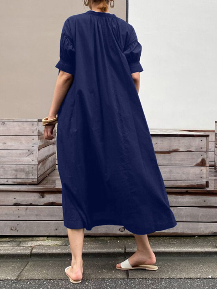 Casual Plain Puff Sleeves O-neck Pleated Solid Maxi Dress With Pocket