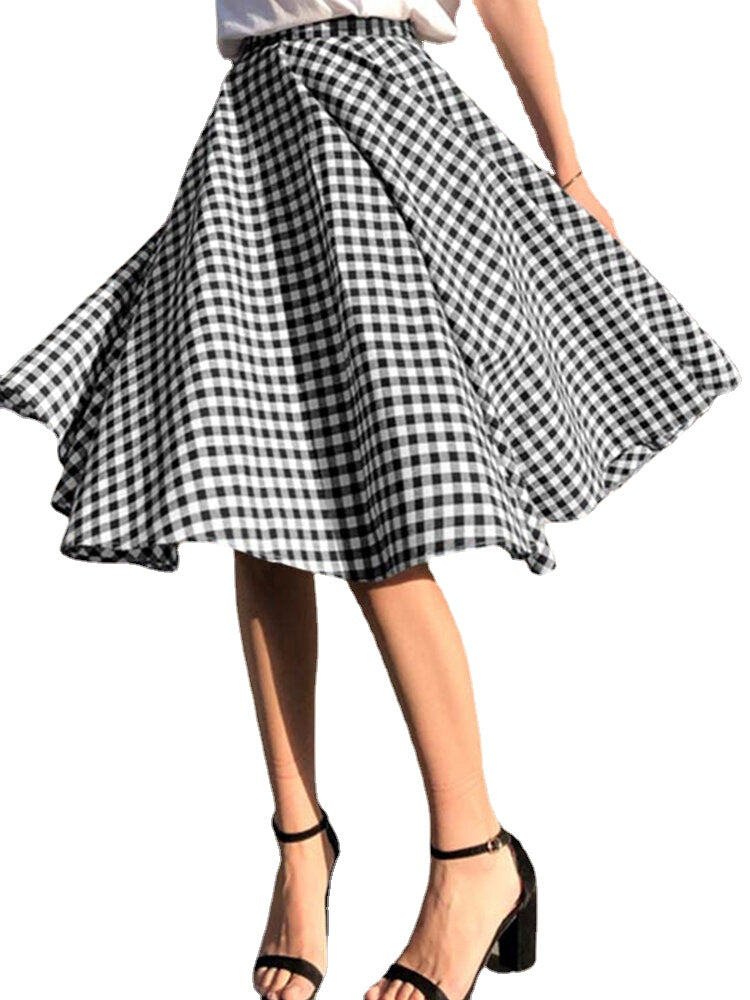 Women Plaid Pleated Spliced Loose Casual Leisure Skirts