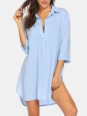 Women Solid Color Cover Up Loose Sun Protection High-Low Hem Beach Dress