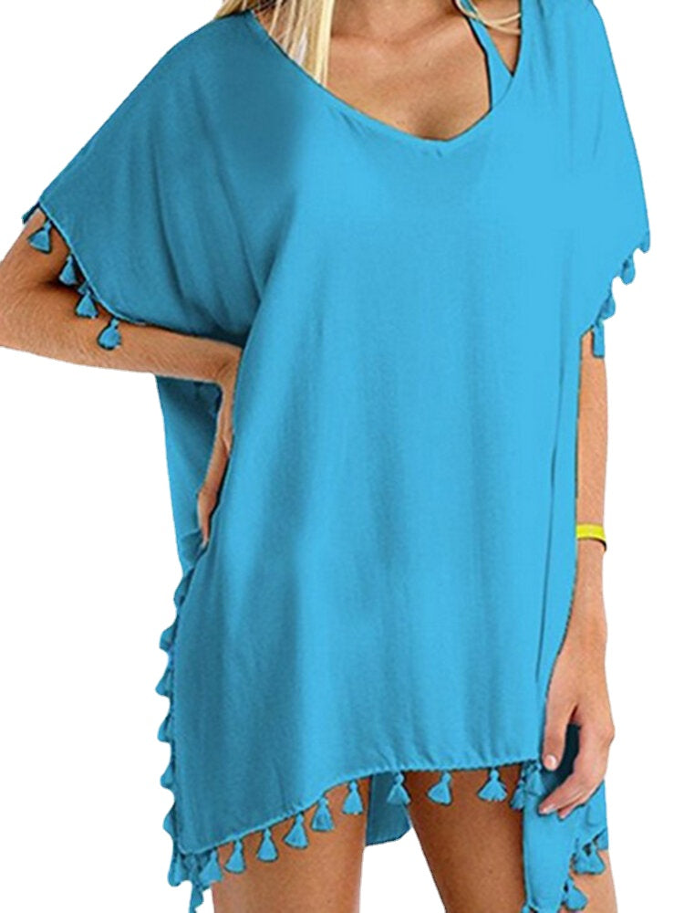 Women Solid Color Translucent Tassel V-Neck Sun Protection Cover Ups