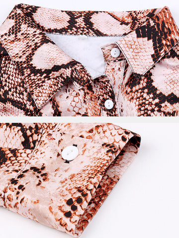 Women Cobra Snake Printed Long Sleeve Button Shirt Stylish Button Blouse