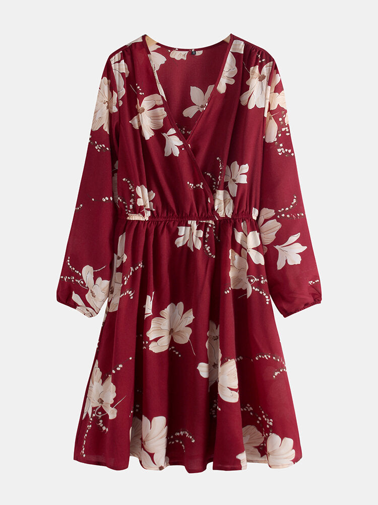 Women Long Sleeve V-neck Floral Print Mini Dress