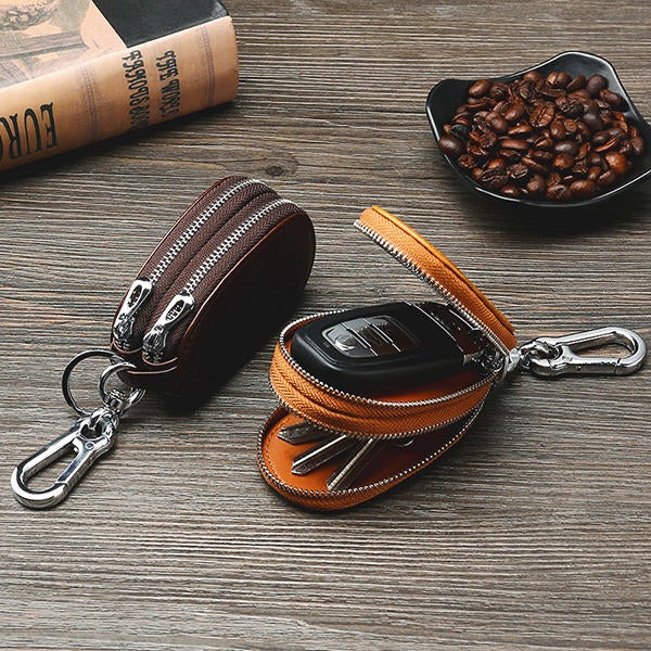 Men Genuine Leather Minimalist Wallet Double Zipper Car Key Case holder
