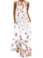 Stylish Women's Sleeveless Floral Pocket V Neck Long Dress