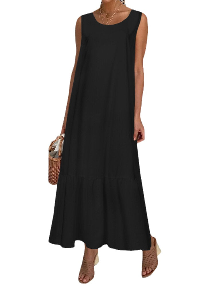 Solid Color Sleeveless O-neck Loose Casual Maxi Dress