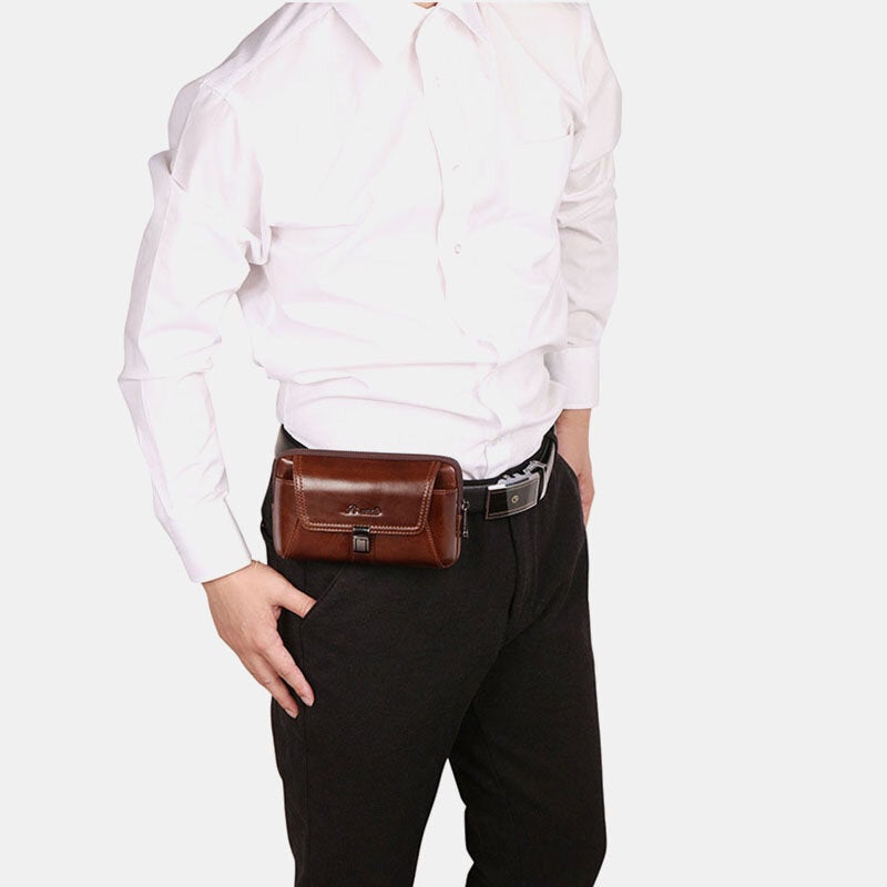 Men Genuine Leather Large Capacity Retro 6.3 Inch Phone Bag Waist Multifunction Horizontal Belt