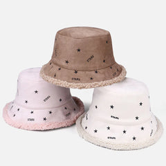 Women Cashmere And Suede Warm Soft Embroidery Stars Outdoor Bucket Hat