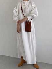 Women Solid Drwastring Pleats Long Sleeve Casual Ankle Length Maxi Dresses