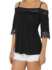 Lace Patchwork Cold Shoulder Half Sleeves Solid Tee