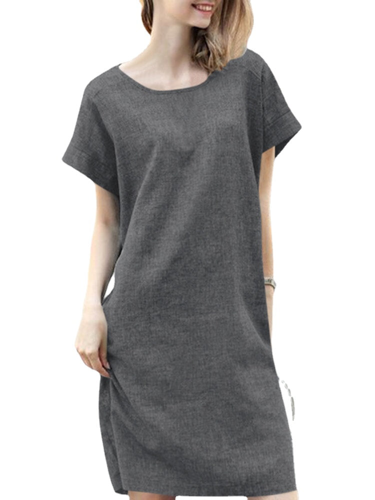 Solid Short Sleeve Round Neck Midi Casual Dress