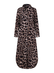 Women Leopard Print Lapel Long Sleeve Side Pockets Shirt Maxi Dress