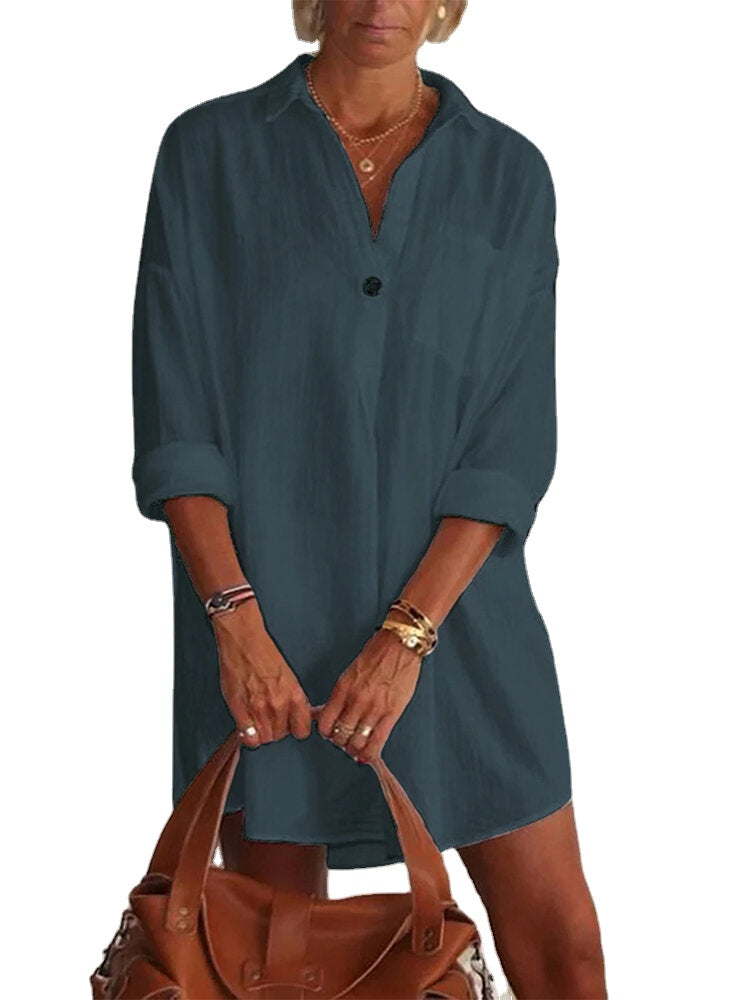 Solid Color Turn-down Collar Long Sleeve Pocket Shirt Dress