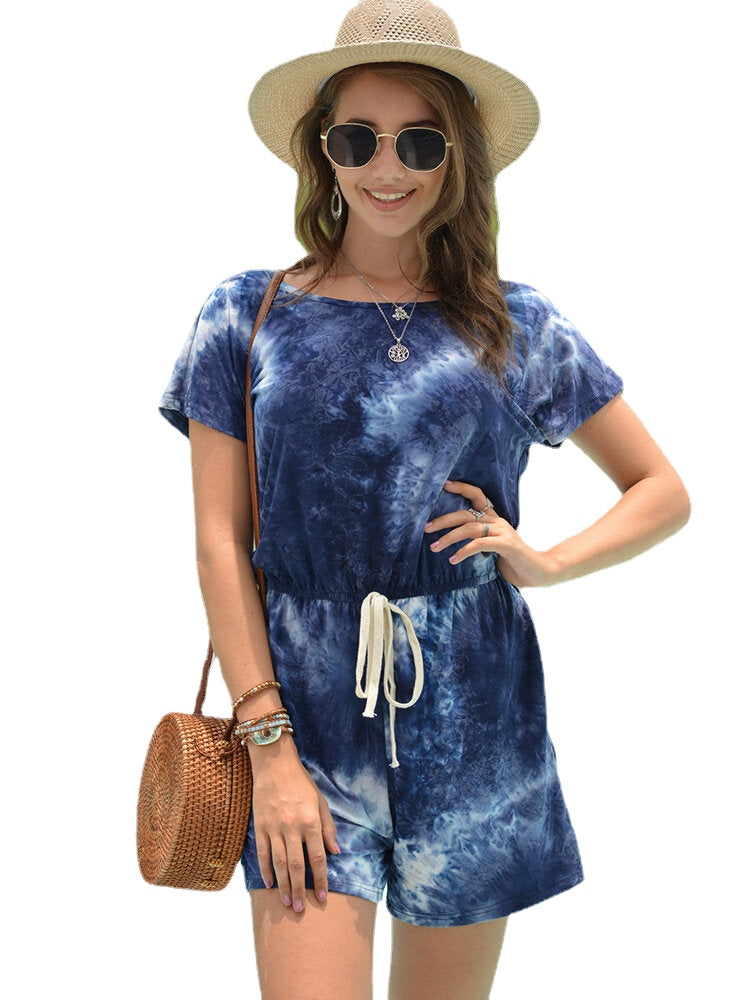 Die-dye Print O-neck Short Sleeve Drawstring Waist Mini Jumpsuits
