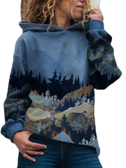 Landscape Print Hooded Long Sleeve Casual Hoodie For Women